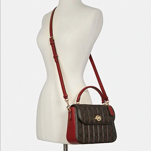 Coach Marlie Top Handle Satchel In Signature Canvas Handbag Bag Brown Red - Picture 3 of 13